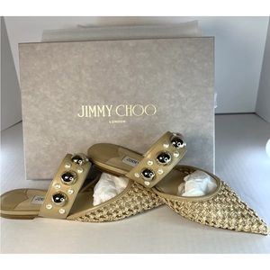 Jimmy Choo Basette Barley/Gold Leather Flat Women's  38